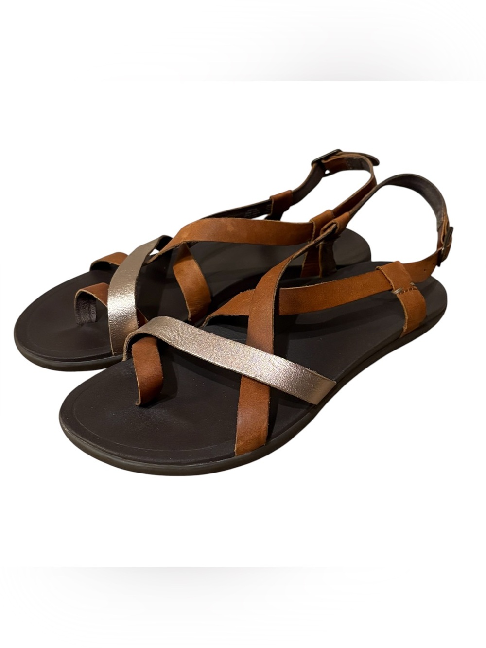 Olukai Brown Gold Leather Strappy Upena Fisherman Sandals Women's Size 9